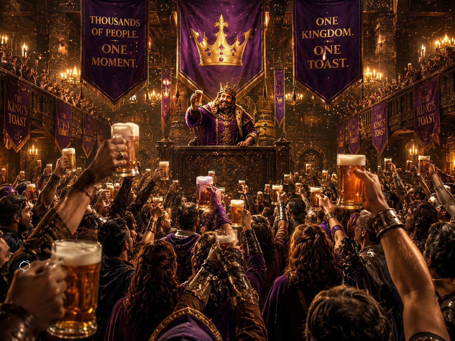 A great hall packed with the King's Army raising beer mugs in a single toast beneath purple and gold banners